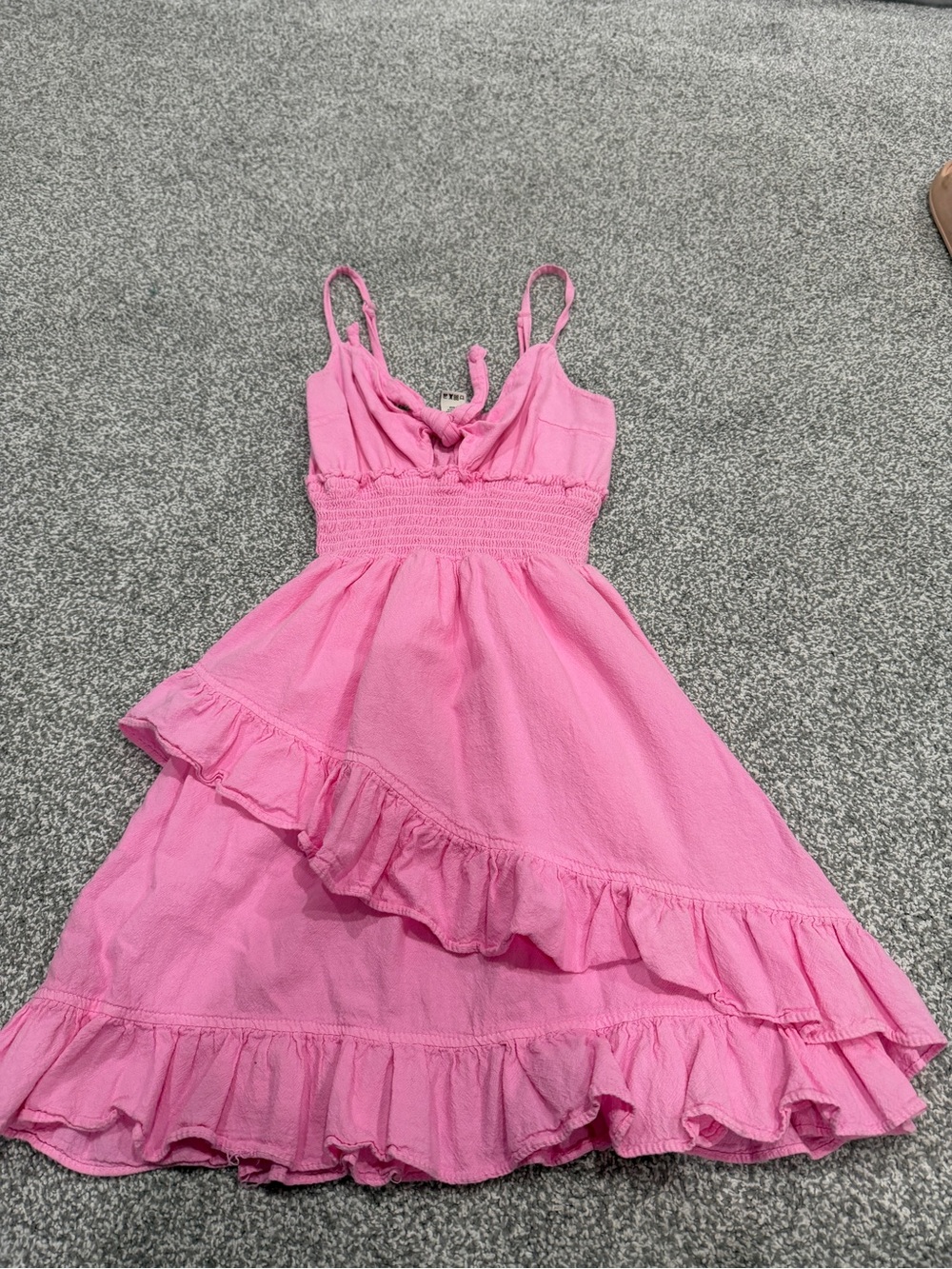 Summer Pink Ruffle Mini Dress with Smocked Waist